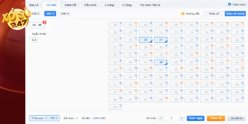 Lô xiên 3 cược vào bộ 3 số tỷ lệ thưởng cao